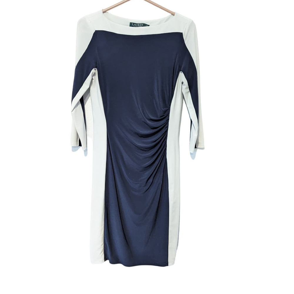 Lauren by Ralph Lauren Navy Ruched Bodycon Midi Dress Formal Office Cocktail - Picture 1 of 5